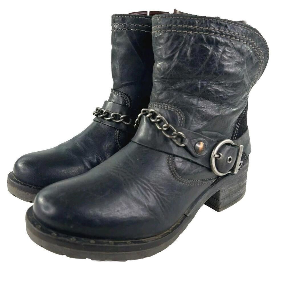 Dromedaris Women's Moto Chain Buckle Boot US 7 Black Leather Zip Ankle Boots